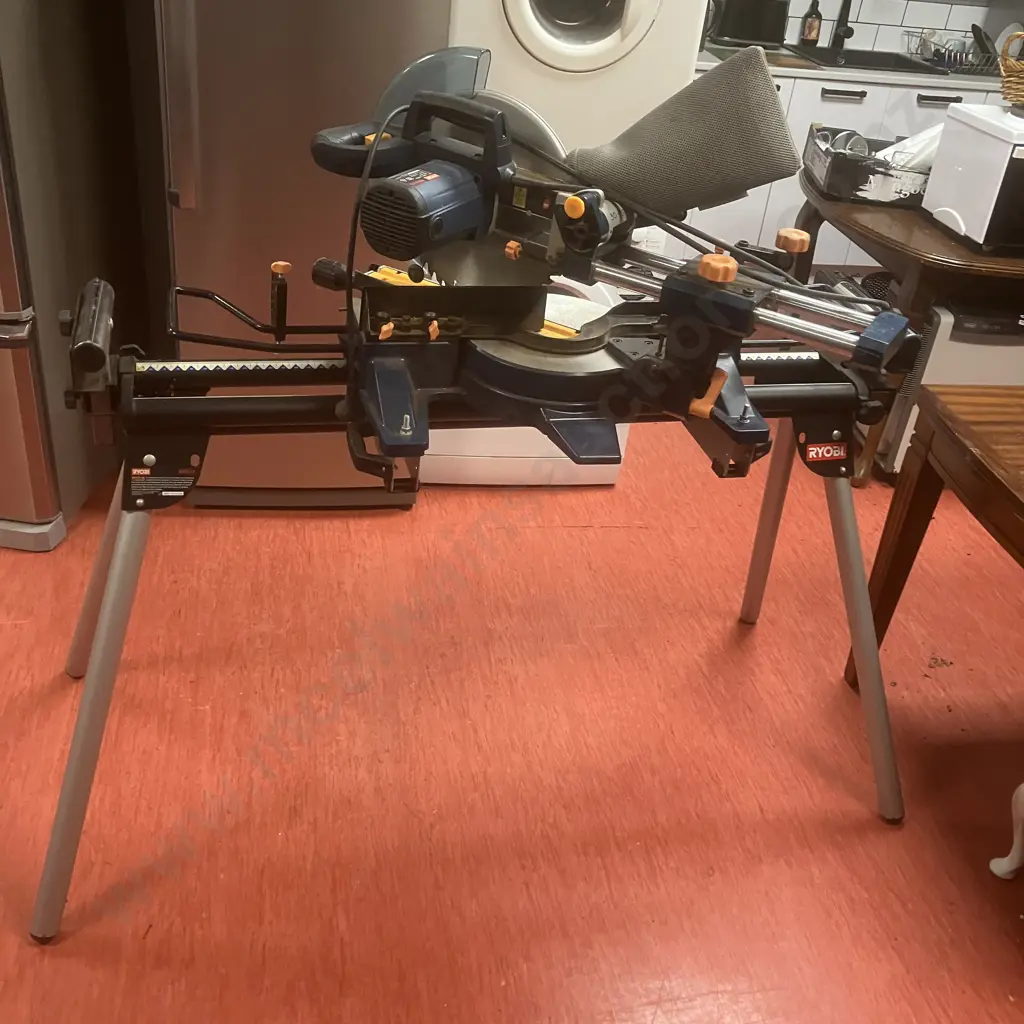 Ryobi 315mm Compound Mitre Saw Model EMS2431SCL With Ryobi AMS-02 Mitre Saw Stand With Rollers Image 1++