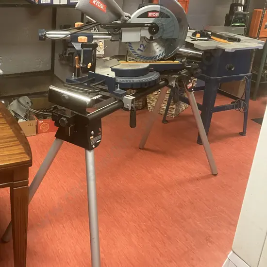 Ryobi 315mm Compound Mitre Saw Model EMS2431SCL With Ryobi AMS-02 Mitre Saw Stand With Rollers