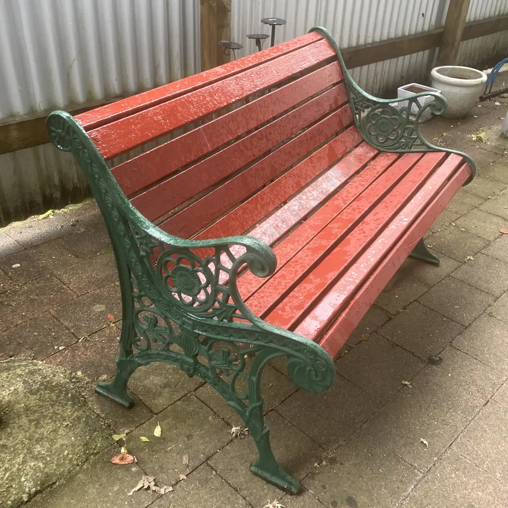 Heavy Cast Iron Park Bench, Green Painted Ornate Ends With Red Painted Wood Slats. H76 W117 D65cm Image 1++