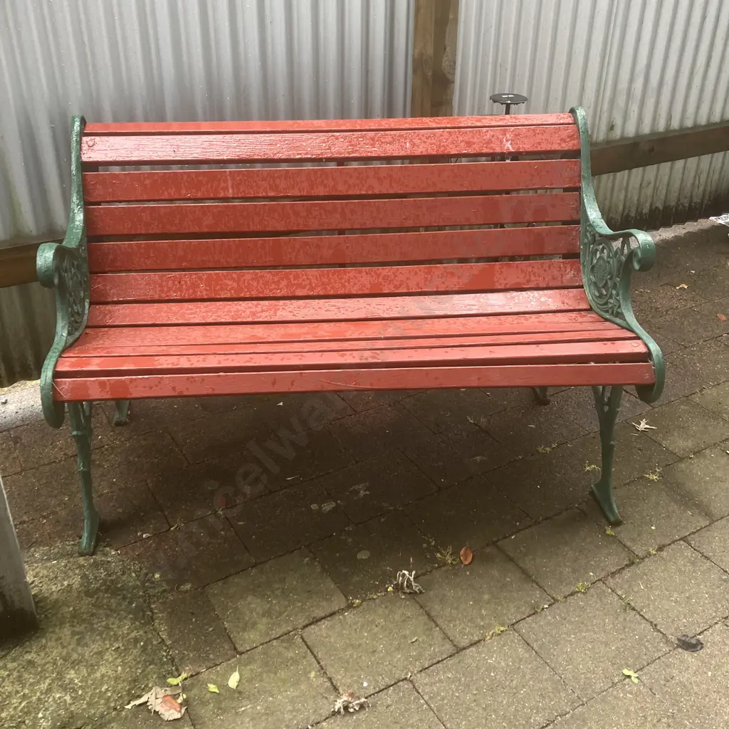 Heavy Cast Iron Park Bench, Green Painted Ornate Ends With Red Painted Wood Slats. H76 W117 D65cm Image 1++