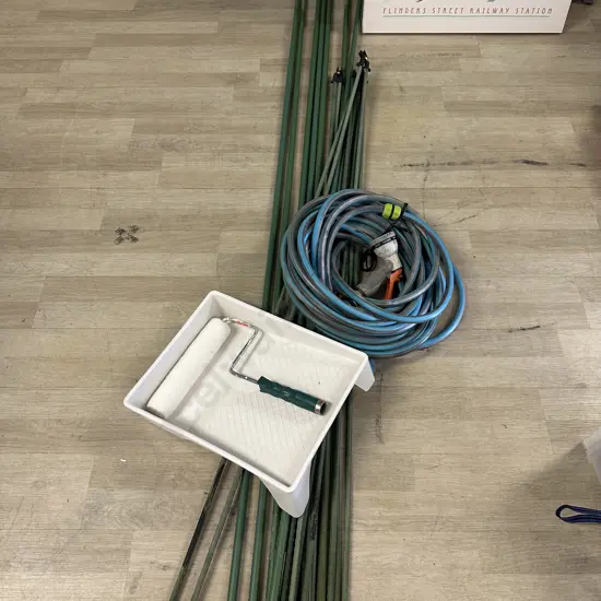 Selection Of Garden Stakes, Hose & Painting Tray Etc