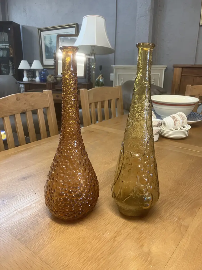 Vintage Amber Empoli 39cm Genie Bottle & Yellow Grape Patterned Empoli 40cm Genie Bottle Image 1++