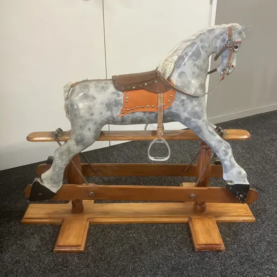 Victorian Style Rocking Horse - Dapple Grey, Leather Saddle On a Pine Stand With Twin Turned Pillars. H94 W116 D50cm
