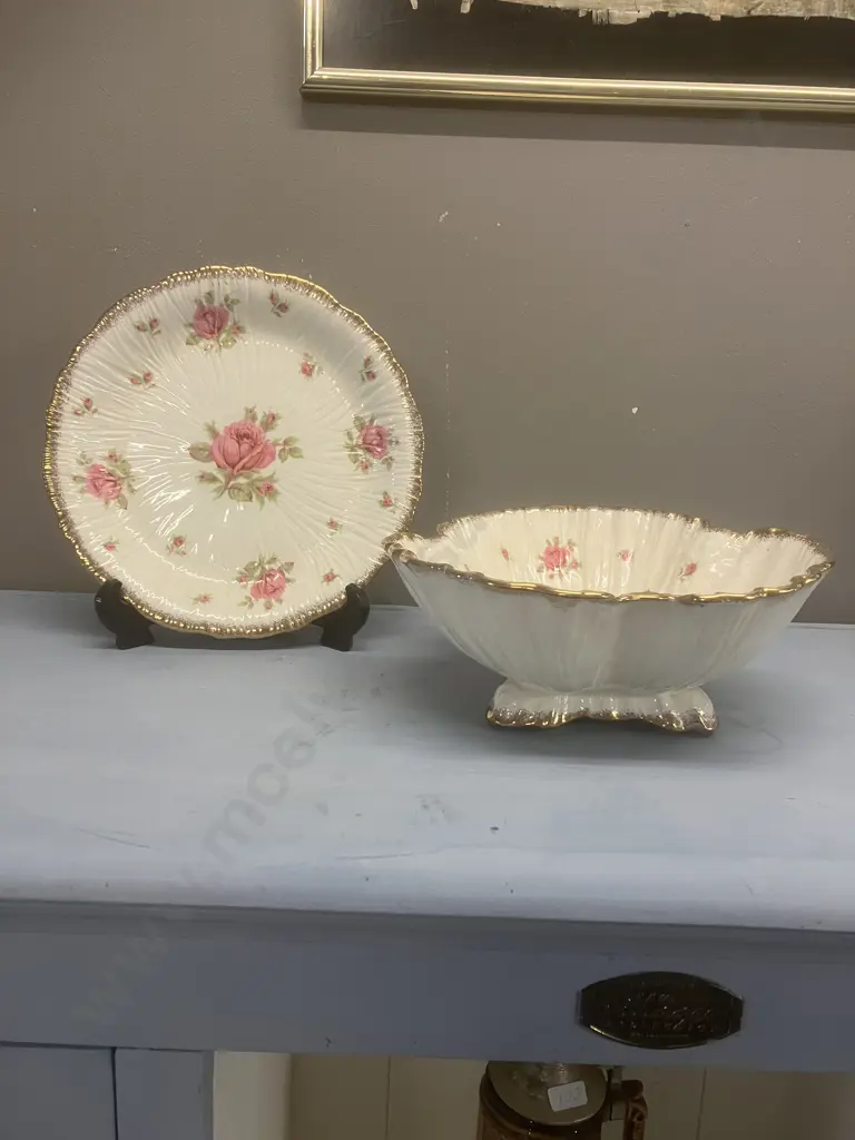 Vintage Crown Ducal Floral Display Footed Bowl & Plate c1940s Image 1++