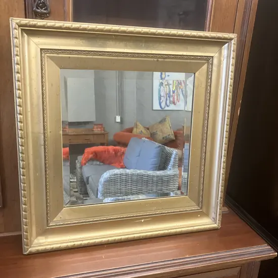 Vintage Gold Colour Wooden Framed Bevelled Edge Wall Mirror. 47 x 47cm