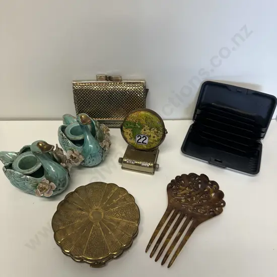 Selection Of Vintage Items Including Perpetual Flip Calendar, Candle Holders, Mesh Purse Etc
