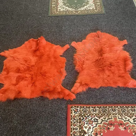 Pair of Orange Mulberi Dyed Natural Goat Hide Rugs. L92 & 94cm
