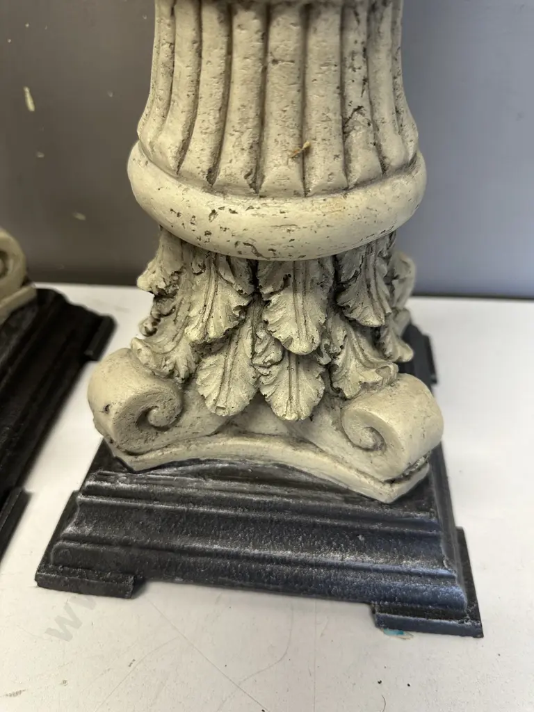 Pair Of Cream Candle Holders With Square Silver Coloured Bases H60cm. Image 1++