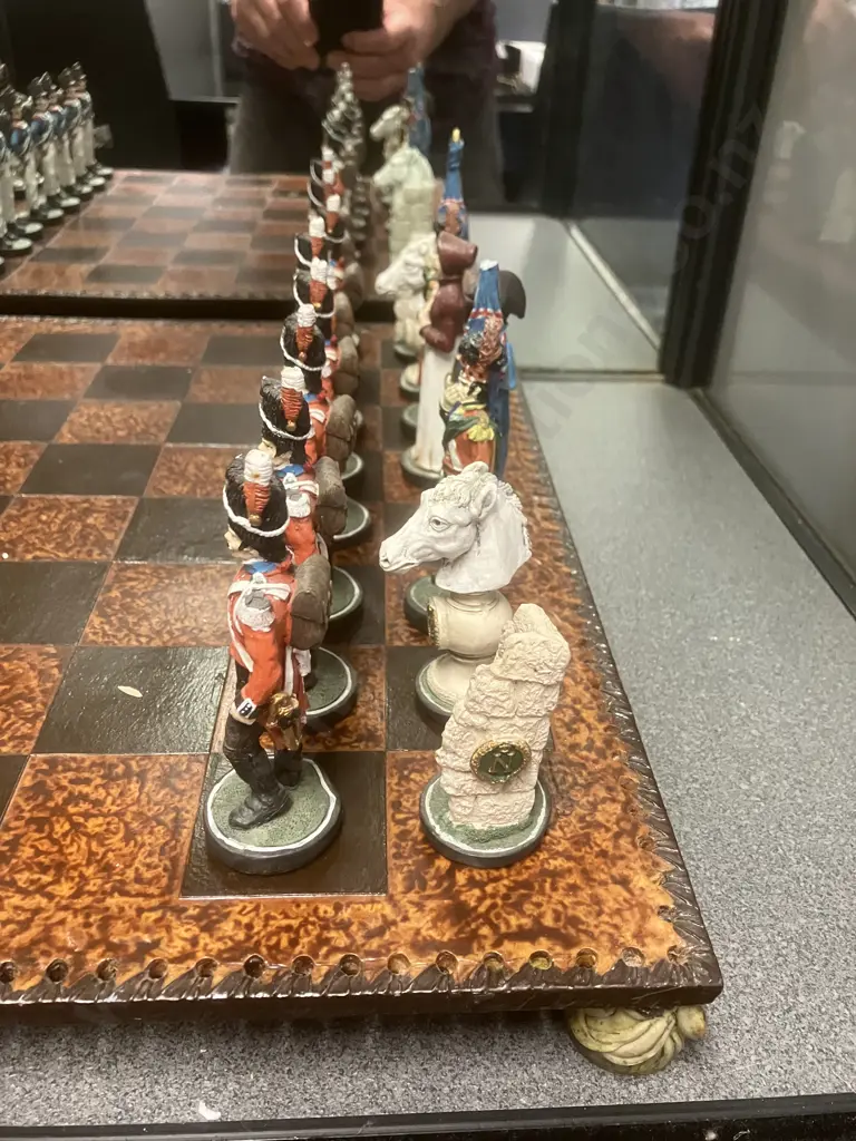 Vintage Handpainted Napoleon & Wellington Chess Set With Footed 44 x 44cm Chess Board. Flag Bearer 13cm King 10cm. Image 1++