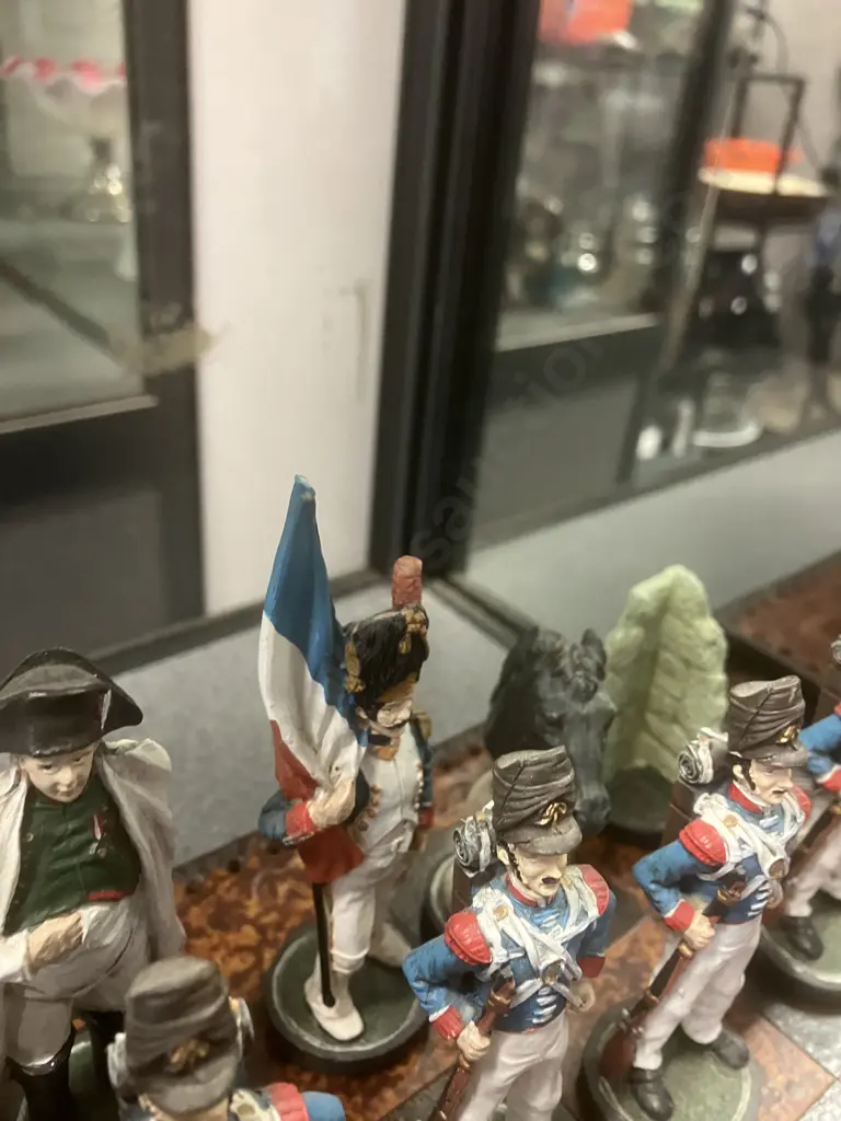Vintage Handpainted Napoleon & Wellington Chess Set With Footed 44 x 44cm Chess Board. Flag Bearer 13cm King 10cm. Image 1++
