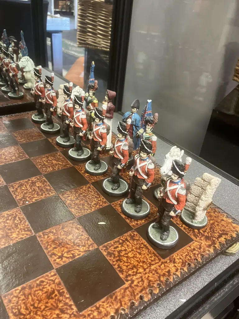 Vintage Handpainted Napoleon & Wellington Chess Set With Footed 44 x 44cm Chess Board. Flag Bearer 13cm King 10cm. Image 1++