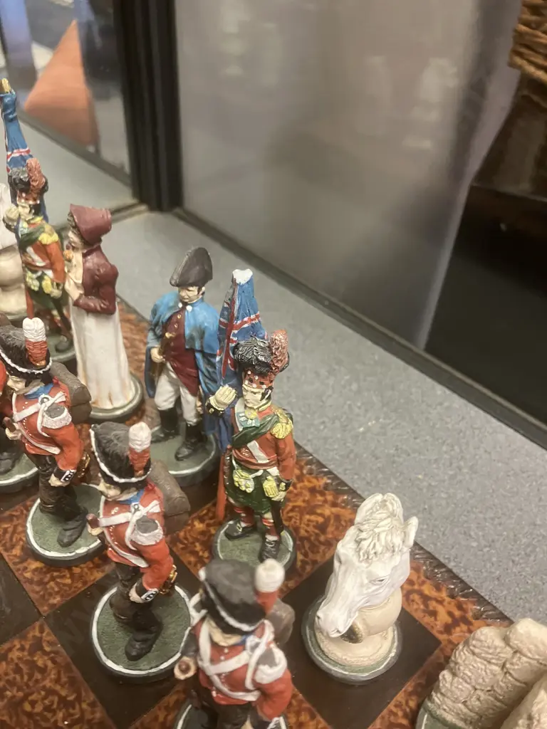 Vintage Handpainted Napoleon & Wellington Chess Set With Footed 44 x 44cm Chess Board. Flag Bearer 13cm King 10cm. Image 1++