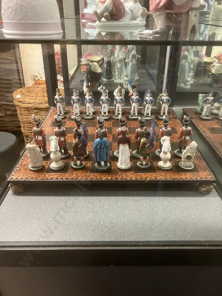 Vintage Handpainted Napoleon & Wellington Chess Set With Footed 44 x 44cm Chess Board. Flag Bearer 13cm King 10cm. Image 1++