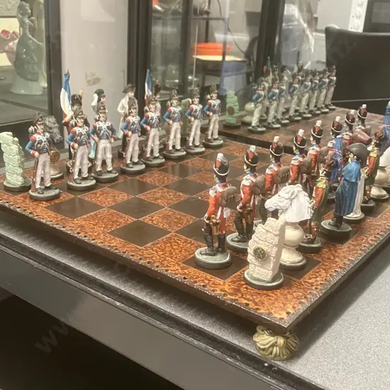 Vintage Handpainted Napoleon & Wellington Chess Set With Footed 44 x 44cm Chess Board. Flag Bearer 13cm King 10cm.