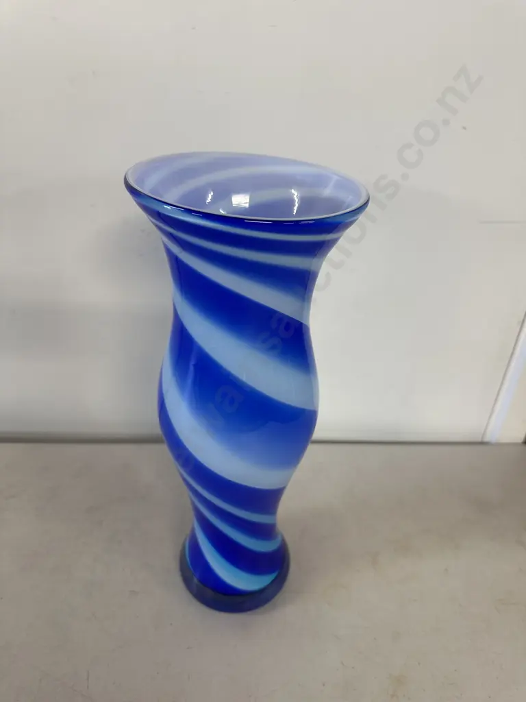 Vintage Murano Style Blue & White Swirl Art Glass Vase H36.5cm. Image 1++