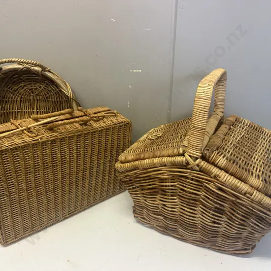 Caneware In Picnic Hampers (As Found) & Double Handle Sewing Basket