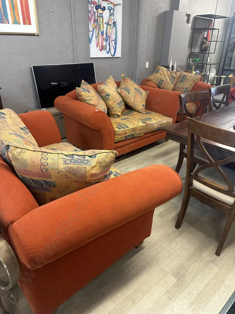 Lounge Suite - Pair of Two Seater Rolled Arm Couches And Armchair, Terracota Colour, Turned Wooden Feet Image 1++