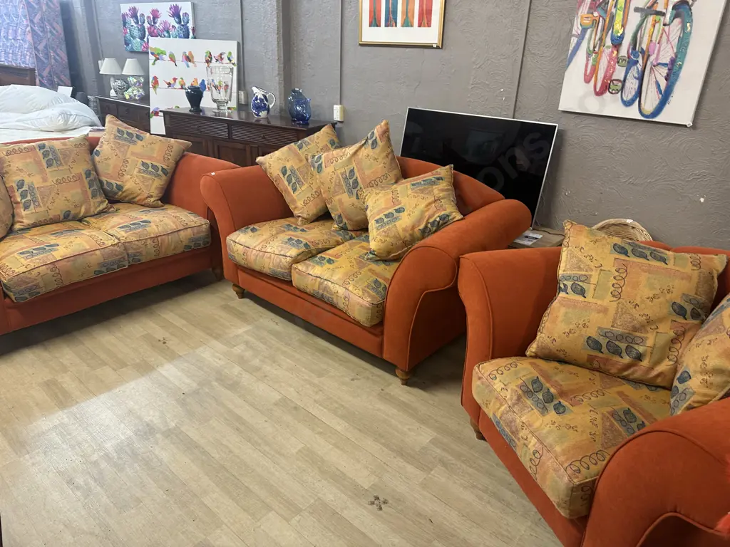 Lounge Suite - Pair of Two Seater Rolled Arm Couches And Armchair, Terracota Colour, Turned Wooden Feet Image 1++