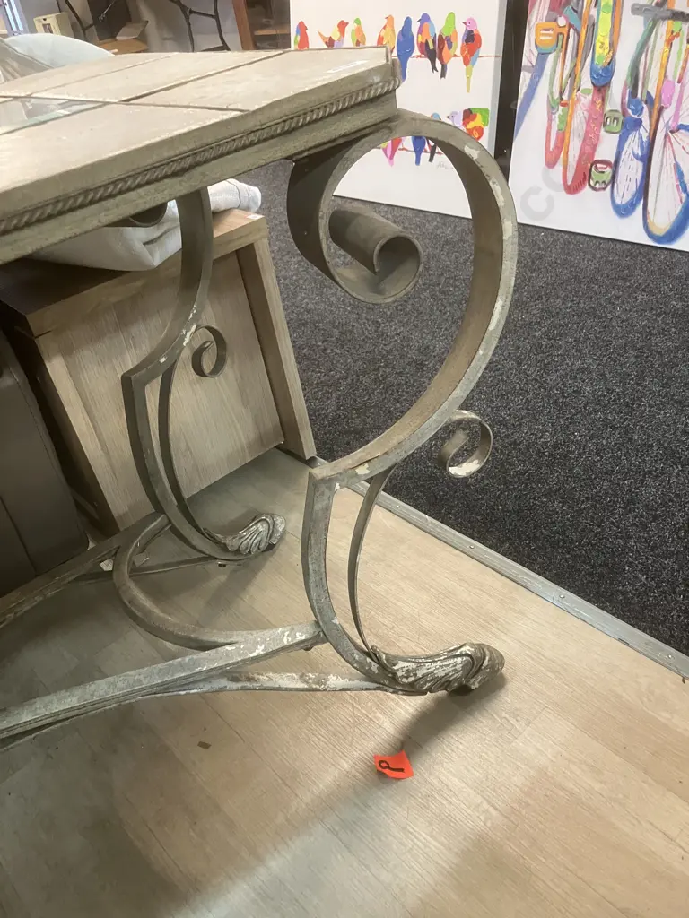Hall Table With Tile & Glass Centre Top On Ornate Steel Base. H72.5 W146 D53cm Image 1++
