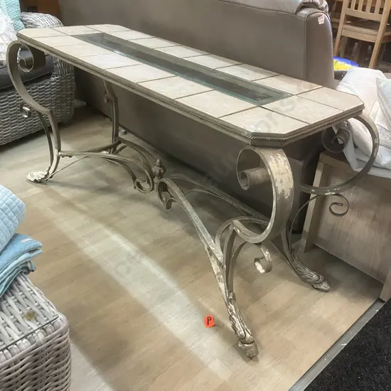 Hall Table With Tile & Glass Centre Top On Ornate Steel Base. H72.5 W146 D53cm