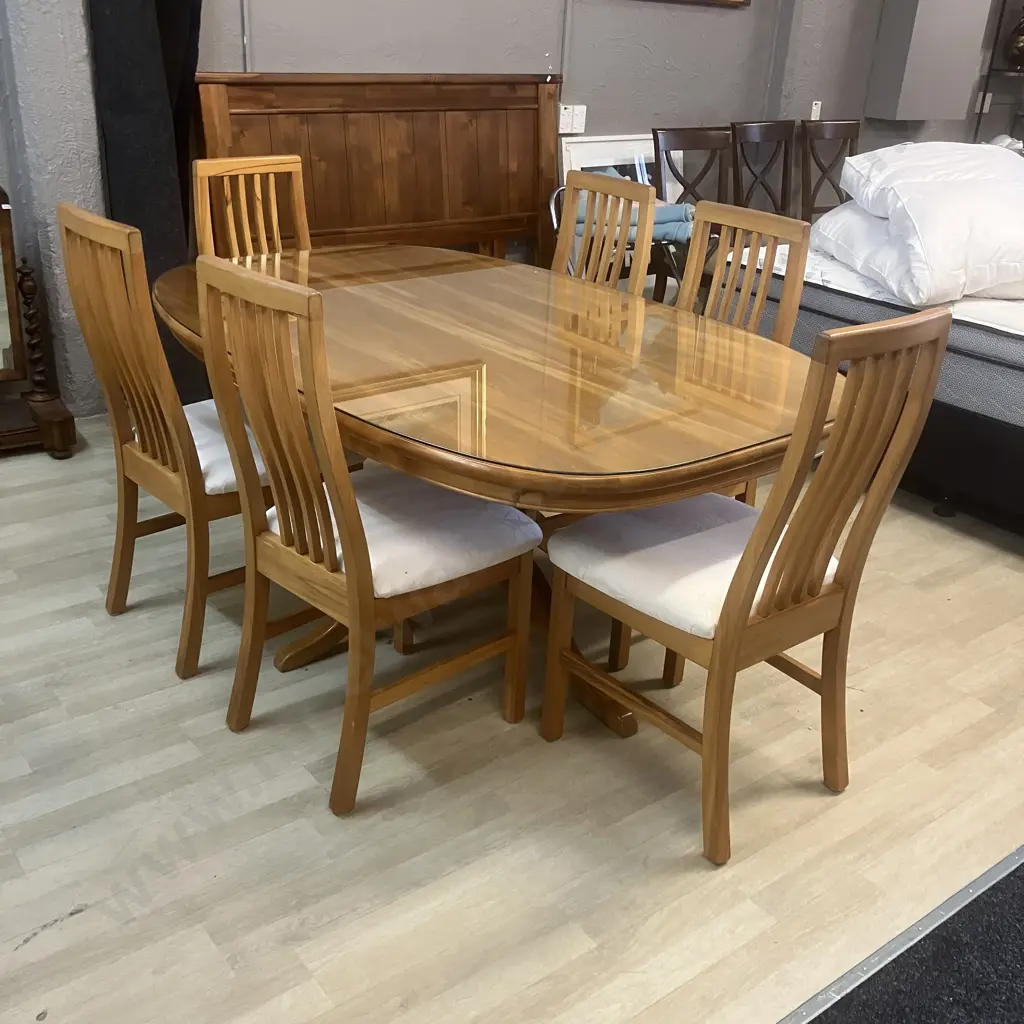Solid Rimu Oval Dining Table Single Pedestal, Glass Cover With Six Slatted Back Chairs With Cream Fabric 76x180x114cm. Image 1++