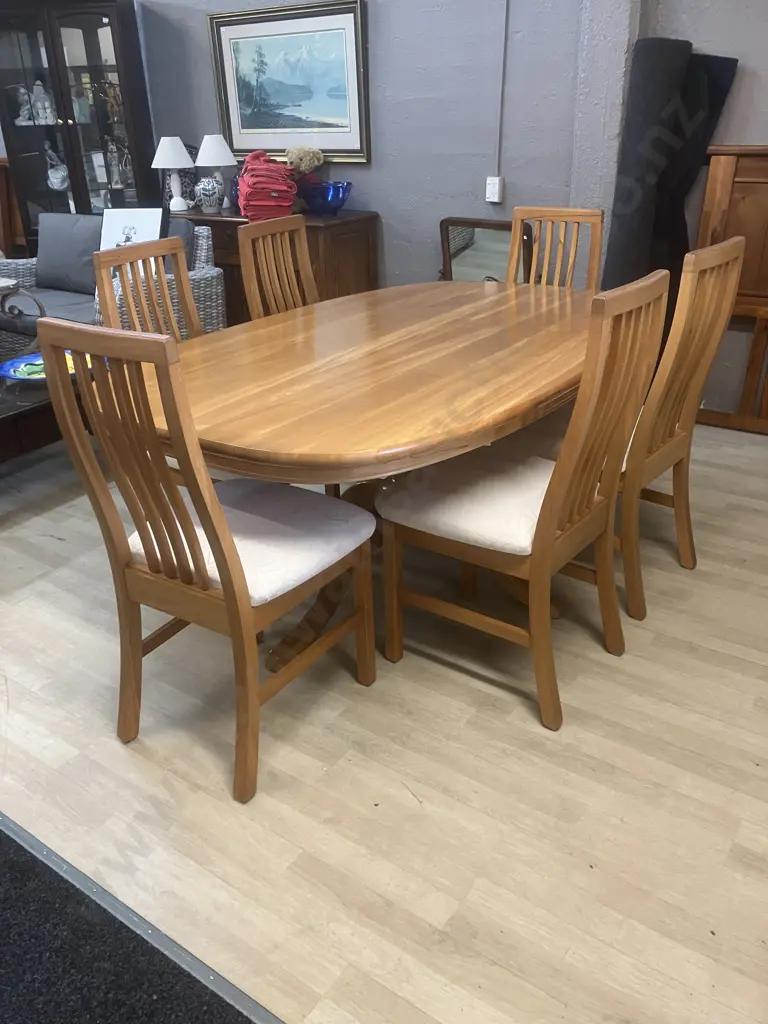 Solid Rimu Oval Dining Table Single Pedestal, Glass Cover With Six Slatted Back Chairs With Cream Fabric 76x180x114cm. Image 1++