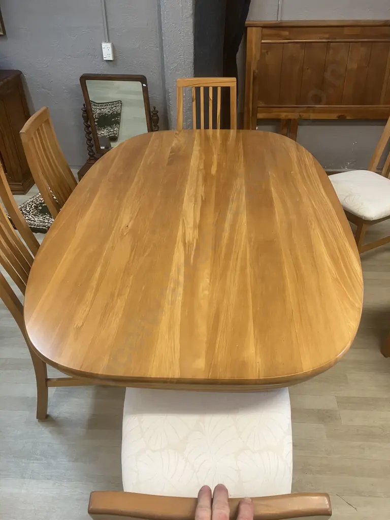 Solid Rimu Oval Dining Table Single Pedestal, Glass Cover With Six Slatted Back Chairs With Cream Fabric 76x180x114cm. Image 1++