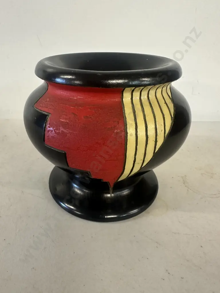 Vintage Black Vase With Red/Yellow Detail H13cm. Image 1++