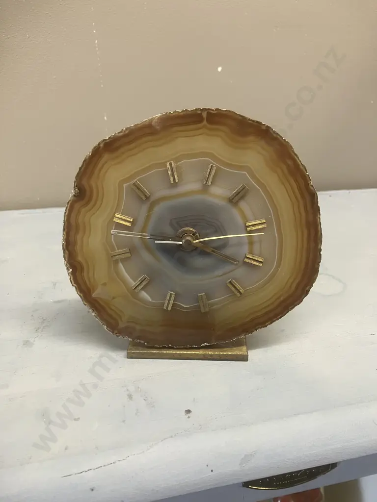 Natural Agate Slice Clock With Brass Details & Felted Brass Base. 14 x 14cm Image 1++