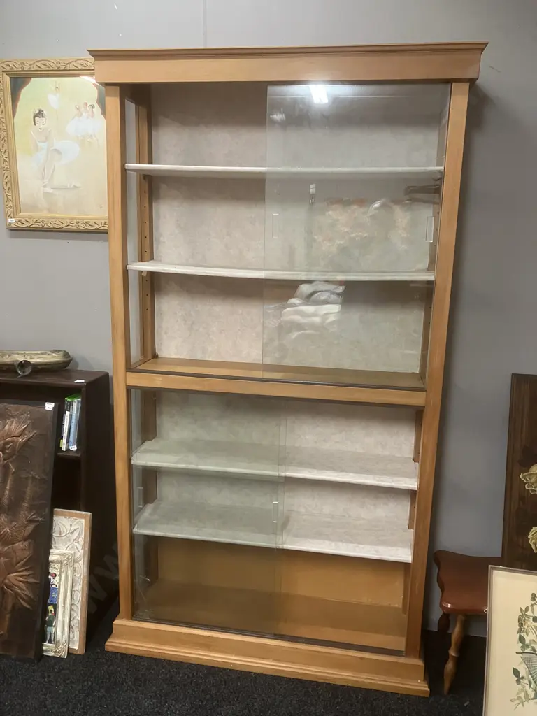 Rimu Glazed Bookcase, 4 Sliding Glass Doors, Glass Sides, 6 Shelves (Glass Door Damaged). H195 W110 D30cm Image 1++