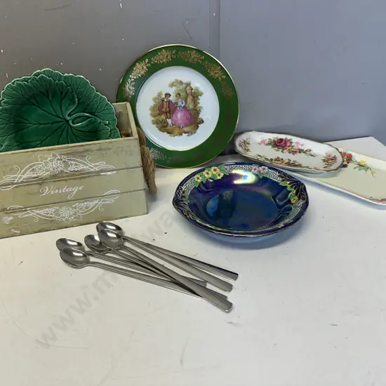 Assorted China Items (as found) Including Parfait Spoons & Wooden Box 