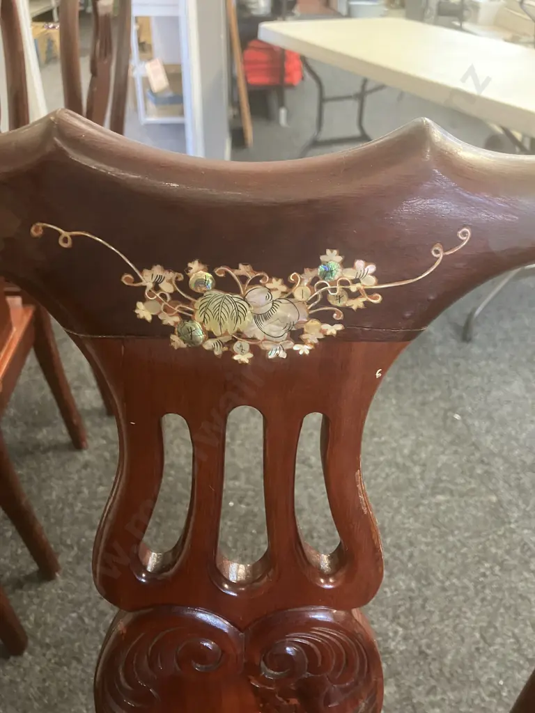 Set of Four Mother of Pearl Inlaid Rosewood Dining Chairs (As Found Condition) Image 1++