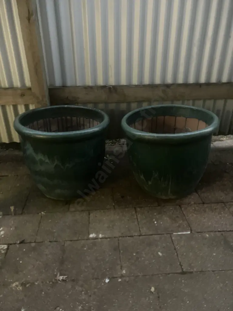 Pair of Green Glazed Terracotta Garden Pots (Both Have Cracks). 40 x 51cm Image 1++