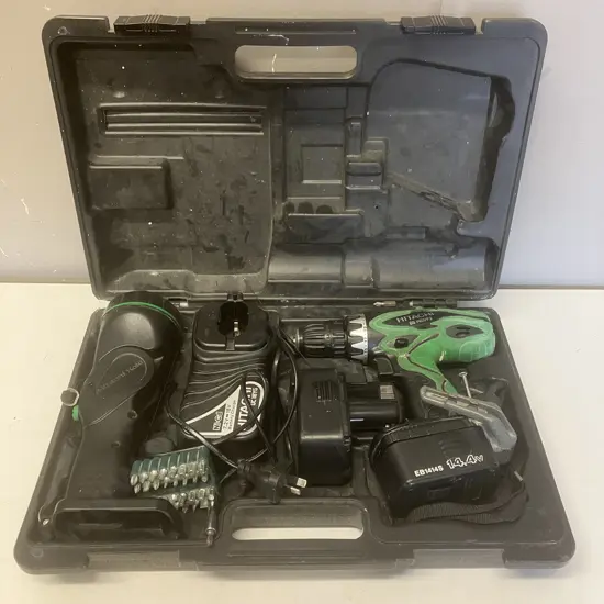 Hitachi 14.4V Drill 14DVF3 Skin, Torch Skin, Pair of Batteries, Ni-Cd Charger & Assorted Bits IN Moulded Case
