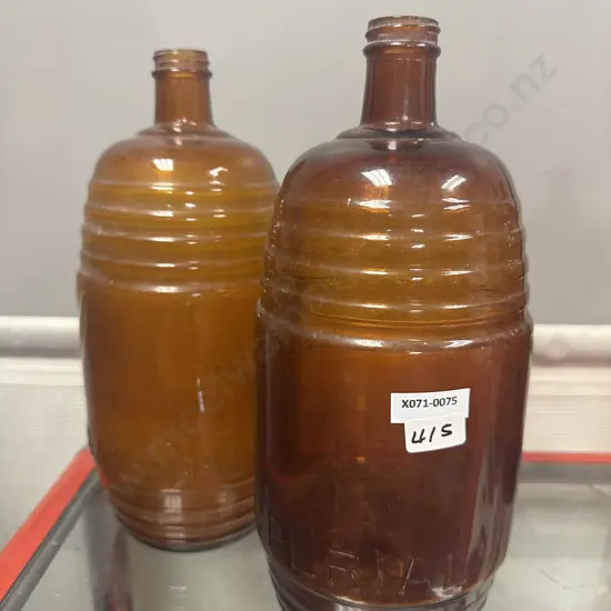 Pair of Vintage Imperial Half Gallon Amber Glass Barrel Bottles. H29 & H29.5cm