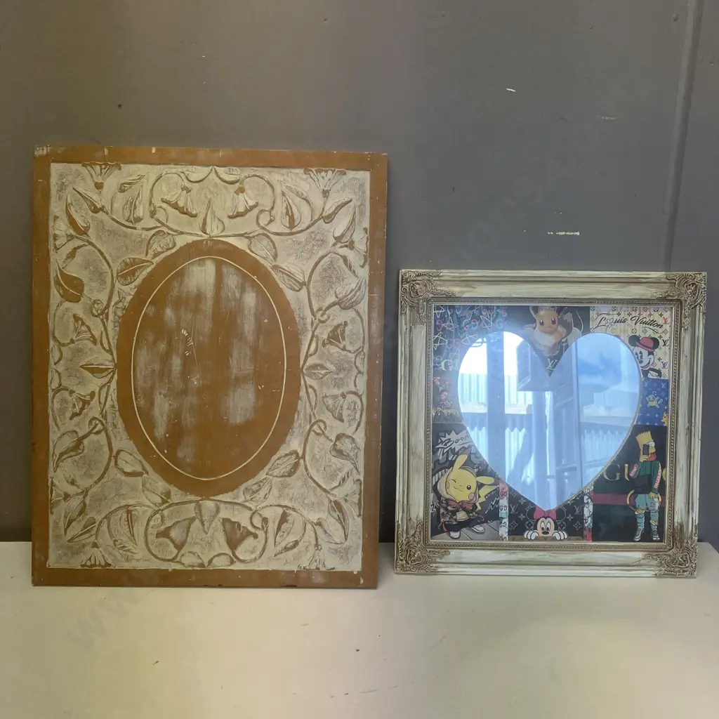 Wood Frame & Early Settler Heart Mirror With Cartoon Pictures Image 1++