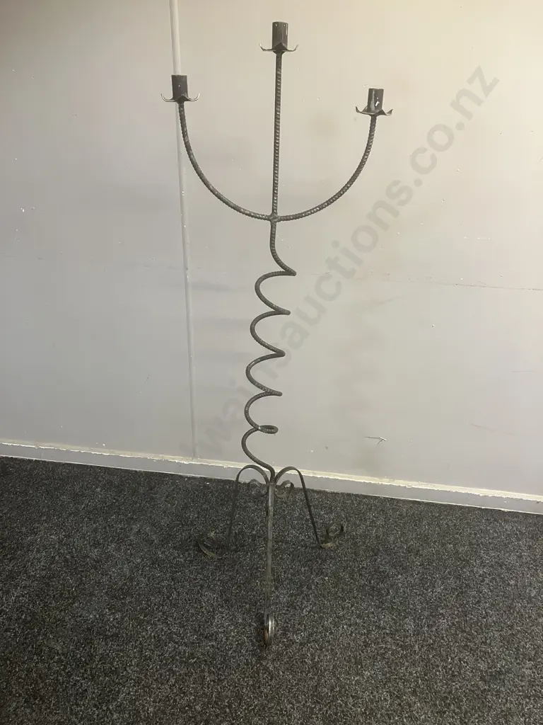 Black Coiled Rebar 3 Candle Candleabra, Curled Steel Legs. H227cm Image 1++