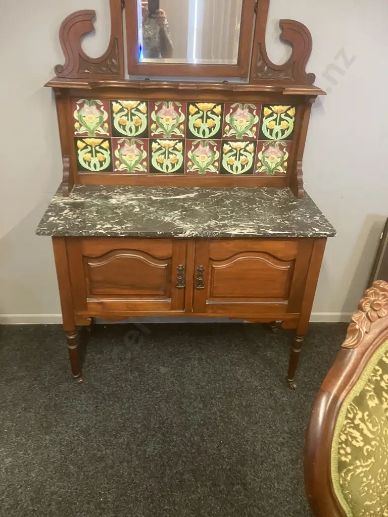 Edwardian Washstand, Bevelled Mirror & Black Marble Top, Art Nouveau Style Tiles, 2 Door Cupboard Base, Ceramic Castors Image 1++