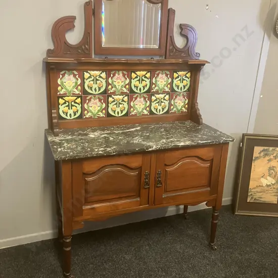 Edwardian Washstand, Bevelled Mirror & Black Marble Top, Art Nouveau Style Tiles, 2 Door Cupboard Base, Ceramic Castors
