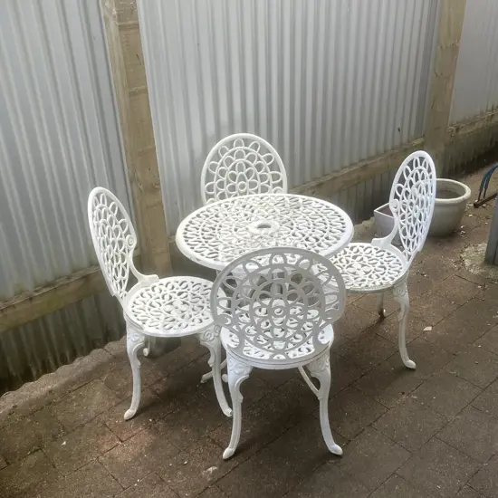 Ornate White Cast Aluminium Outdoor Setting Table & Four Chairs 66.5 x 60cm
