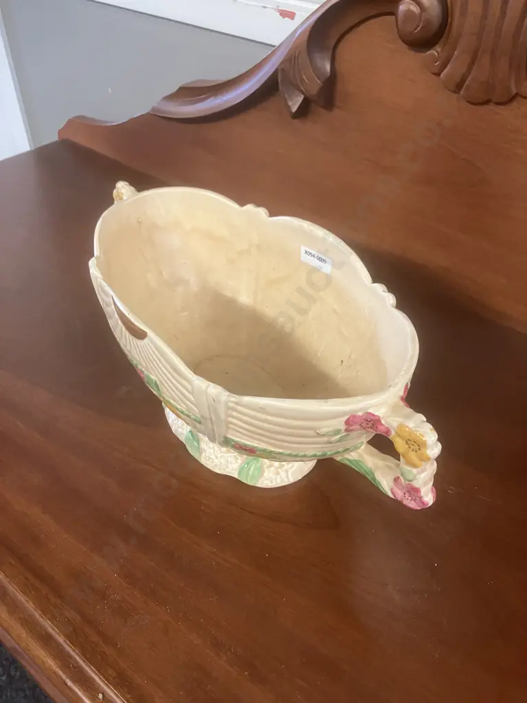 Arthur Wood 'Garden Wall' Mantle Vase, Art Deco Trophy Handled Flower Pot in Peach Tones c1920's. 14 x 35cm Image 1++