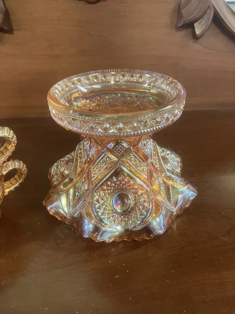 Imperial Marigold Carnival Glass Fashion Punch Bowl Stand / Vase With 6 Cups Image 1++