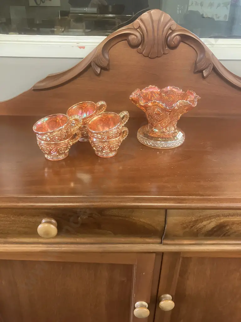 Imperial Marigold Carnival Glass Fashion Punch Bowl Stand / Vase With 6 Cups Image 1++