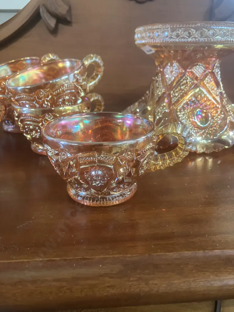 Imperial Marigold Carnival Glass Fashion Punch Bowl Stand / Vase With 6 Cups Image 1++