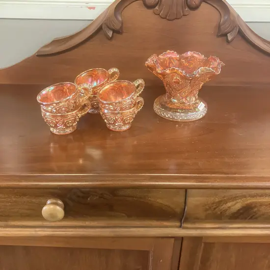 Imperial Marigold Carnival Glass Fashion Punch Bowl Stand / Vase With 6 Cups