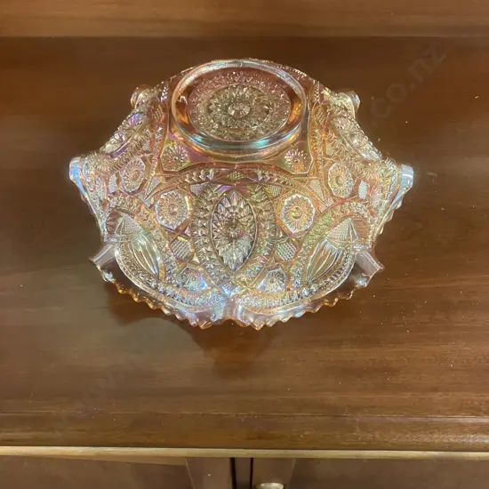 Stunning Antique Imperial Carnival Glass 8-Ruffle Bowl In Marigold, Early 1900s. 11 x 28.5cm