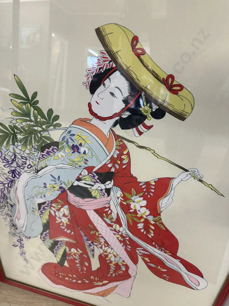 Vintage Red Framed Artwork Japanese Woman 72x52cm. Image 1++