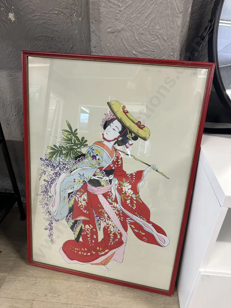 Vintage Red Framed Artwork Japanese Woman 72x52cm. Image 1++