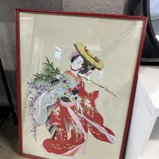 Vintage Red Framed Artwork Japanese Woman 72x52cm.