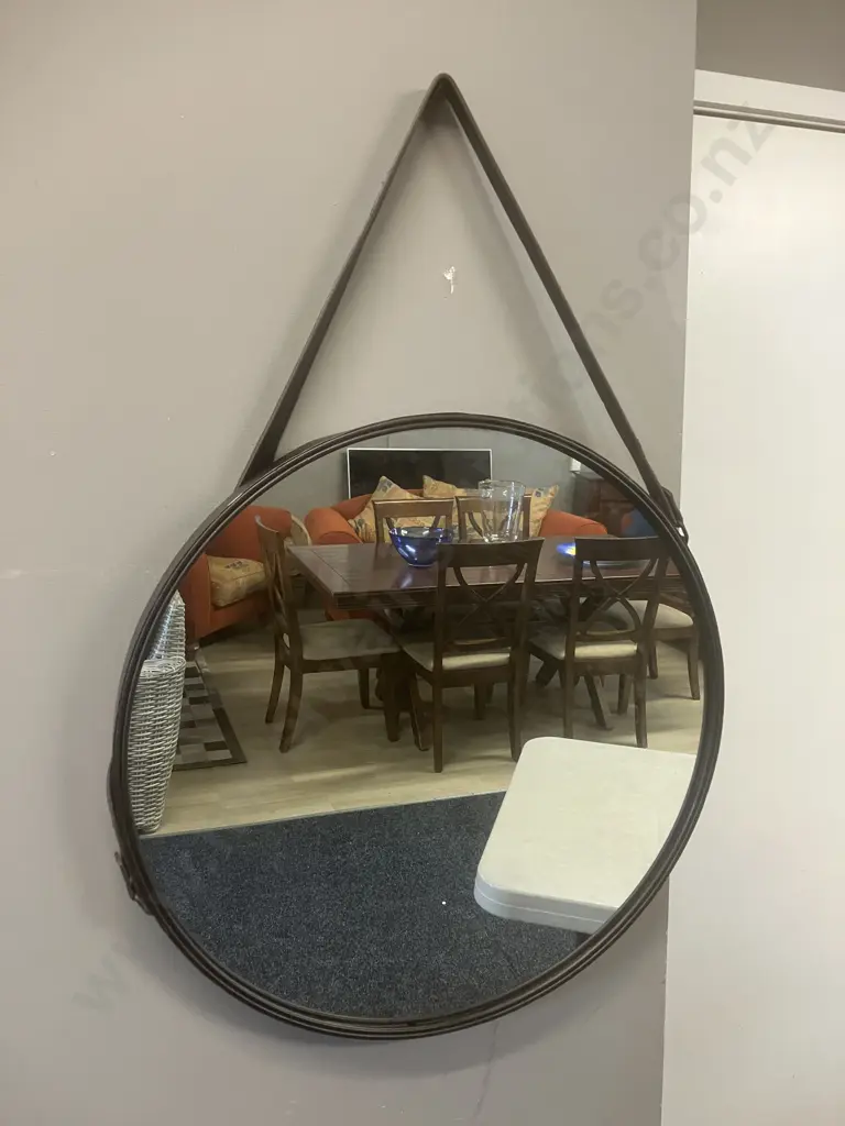 Brown Round Steel Wall Mirror With Leather Hanger. Dia 55cm Image 1++